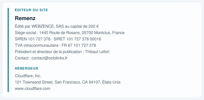 Coordonnées légales de l&rsquo;éditeur et de l&rsquo;hébergeur du site