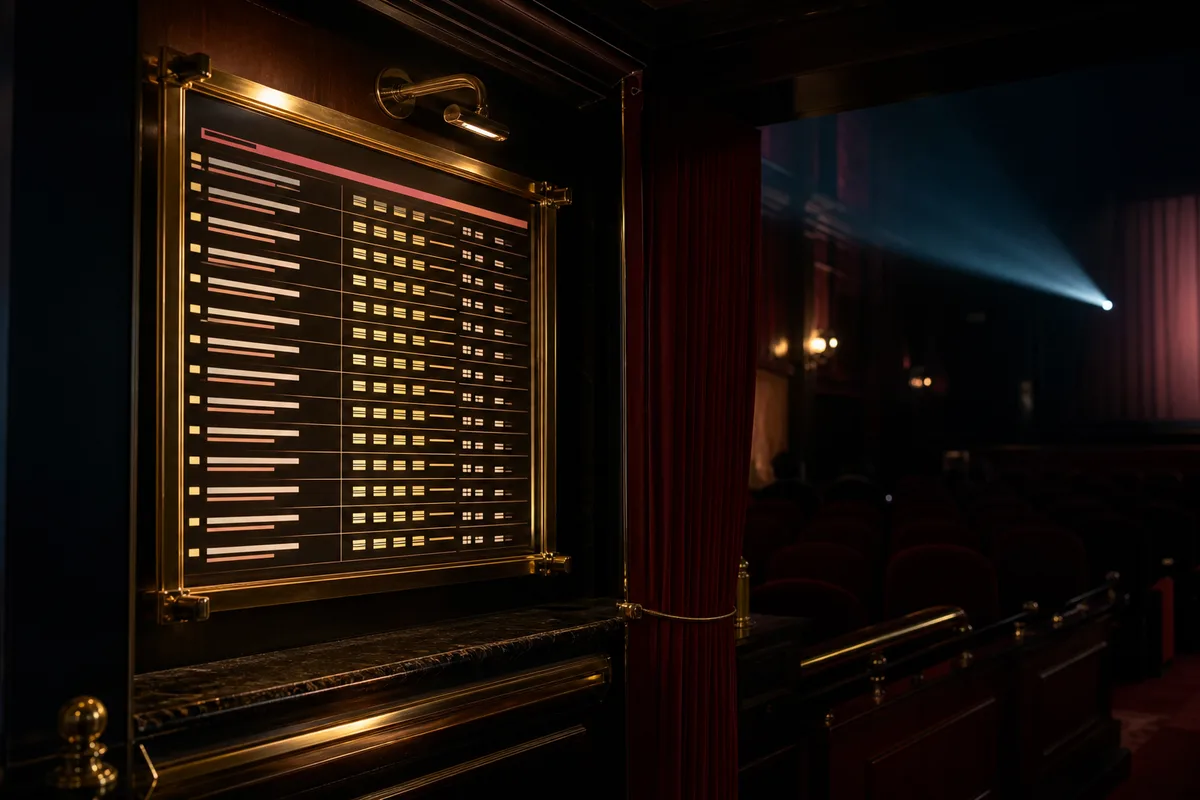 Panneau lumineux affichant la programmation hebdomadaire d&rsquo;un cinéma avec horaires et versions