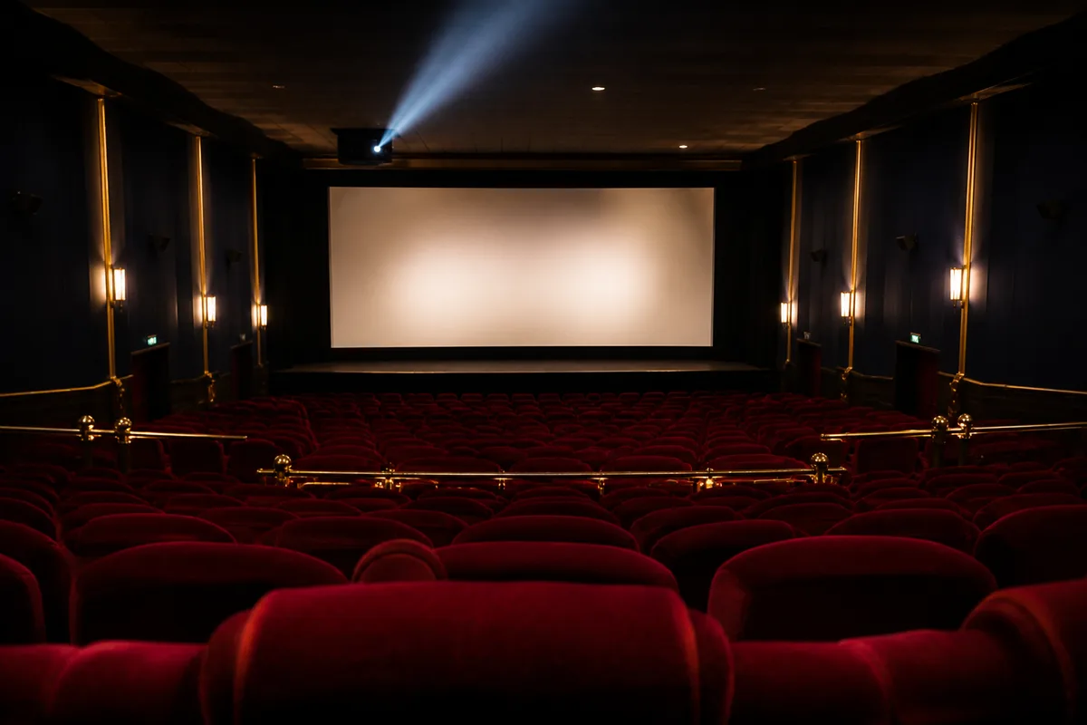 Salle de cinéma vue depuis les derniers rangs, écran panoramique éclairé