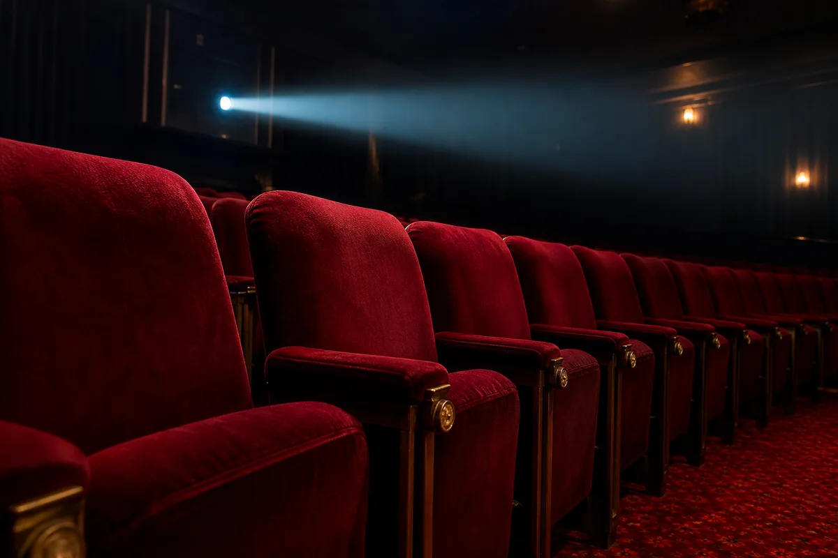 Rangée de fauteuils rouges dans une salle de cinéma vide avant la projection