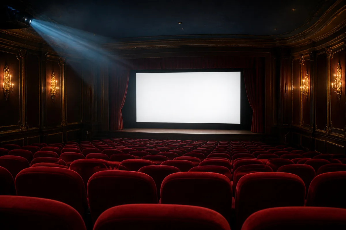 Façade lumineuse d'une salle de cinéma vue de nuit, ampoules allumées au fronton
