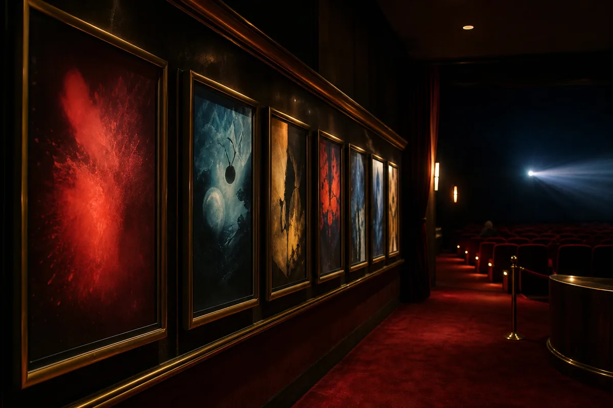 Affiches de films alignées dans le hall d&rsquo;un cinéma français