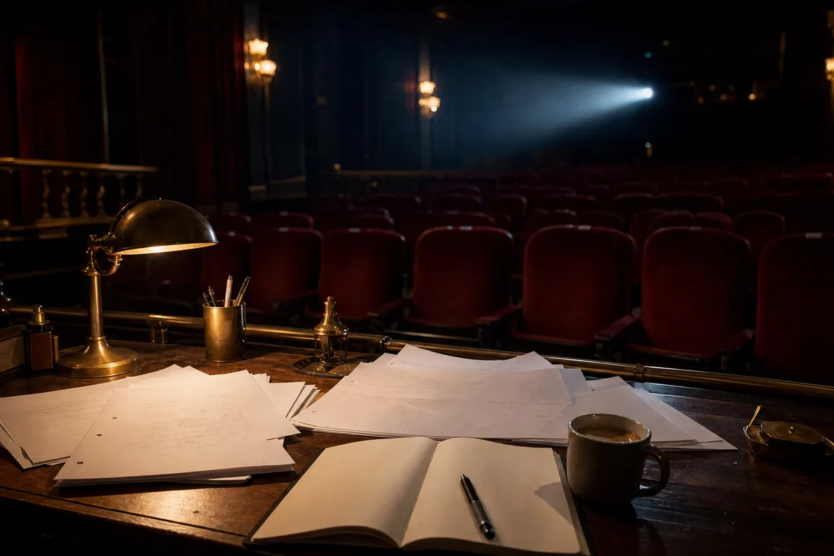 Bureau de scénariste avec pages annotées, carnet et tasse de café