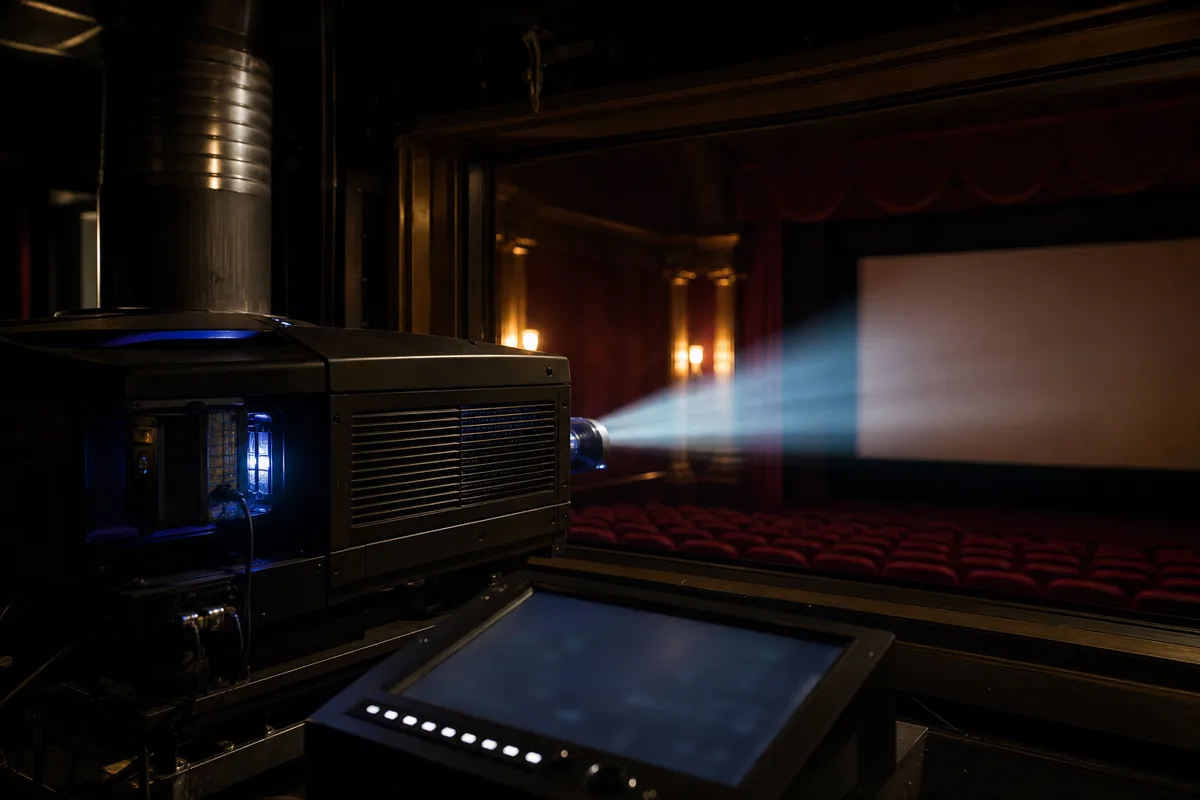 Cabine de projection d’un cinéma avec projecteur numérique et écran de contrôle