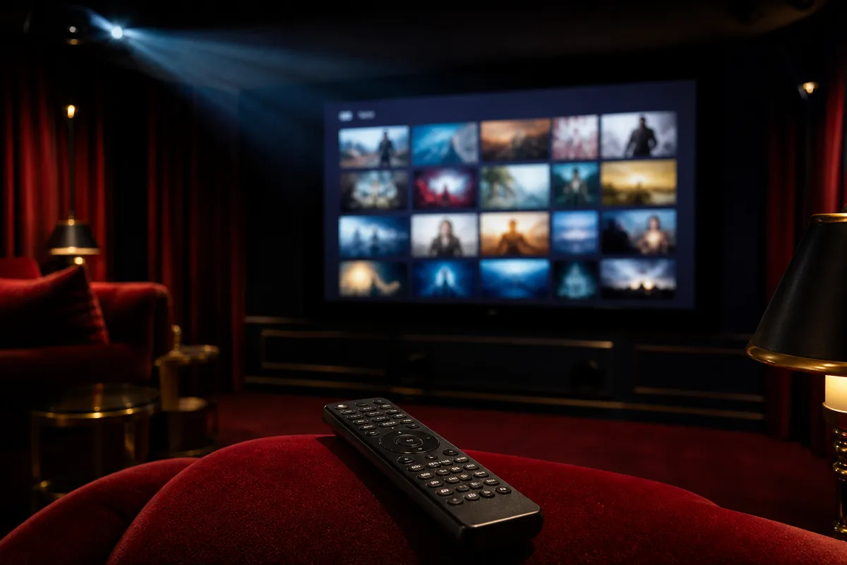 Télécommande posée devant un téléviseur affichant une interface de sélection de films
