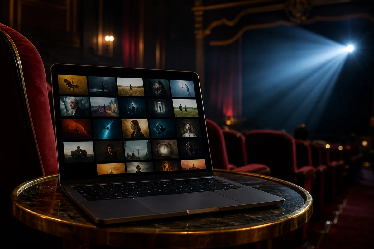 Écran d’ordinateur portable montrant une grille de vignettes de films et de séries